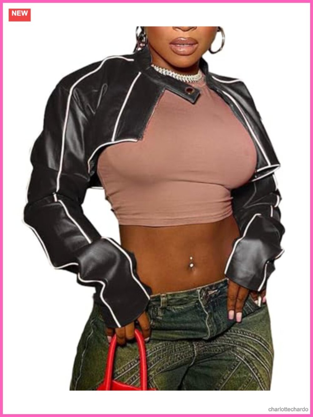 Women's Mock Neck PU Leather Crop Moto Biker Zip Up Faux Leather Bolero Jacket